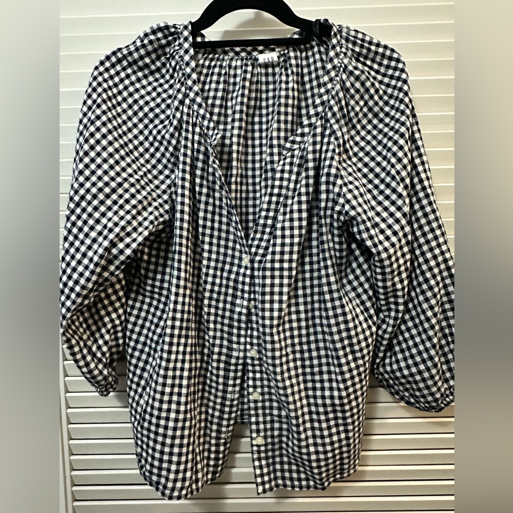 GAP Black and White Gingham Button-Front Peasant Blouse